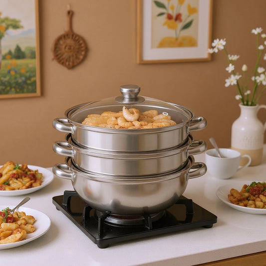 28CM Stainless Steel Steam Cooker Multi-Function 3 Tier Steamer Pot Cookware for Cooking Veg Meat Soups Seafood