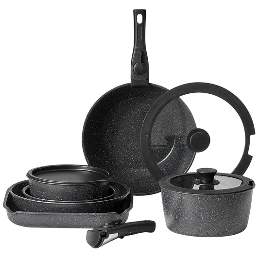 SucceBuy 17 Pcs Nonstick Cookware Set Granite Pots and Pans Set Induction Cookwares Kitchen Cooking Set w/Frying Sauce Saute Pan